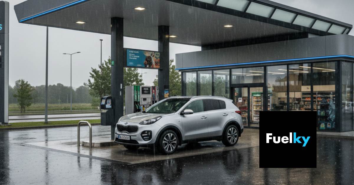 Ilustračný obrázok: auto na čerpacej stanici, keď prší