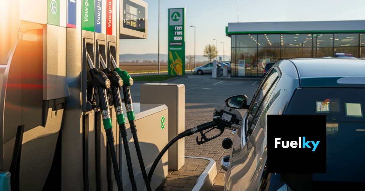 Ilustračný obrázok: auto na ceste s jesennými listami a benzínovou stanicou v pozadí