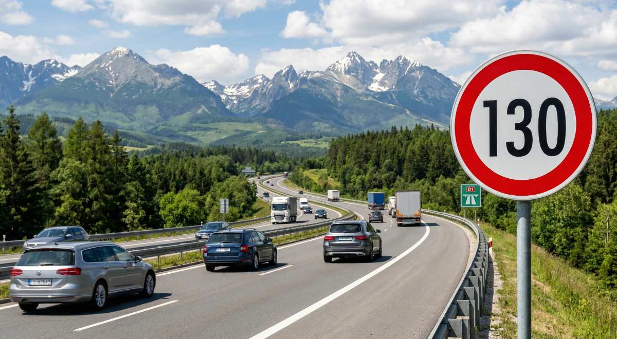 Slovenská diaľnica D1, tabuľa 130 km/h, ilustrácia k odporúčaniu IEA znížiť rýchlosť
